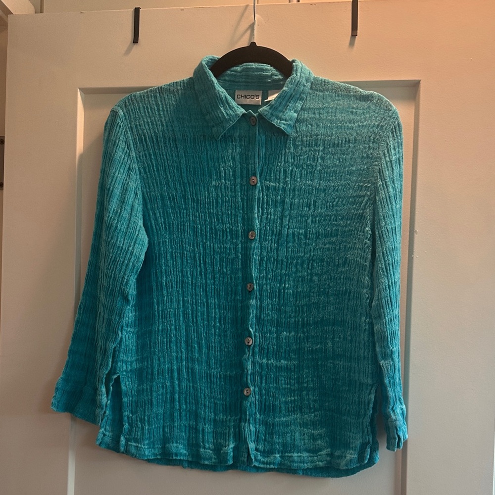 Teal Button-Up Shirt by Chico’s. 100 percent linen. Size 0